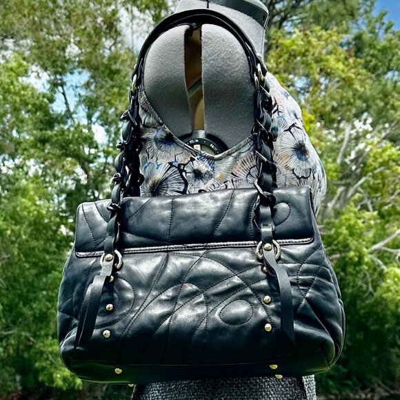 Stuart Weitzman Collection Black Leather Double Strap Turnlock Flap Shoulder Bag - Picture 5 of 16